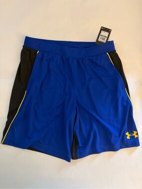 Under Armour Men's Royal Blue Athletic Shorts with Black Panels and Yellow Trim